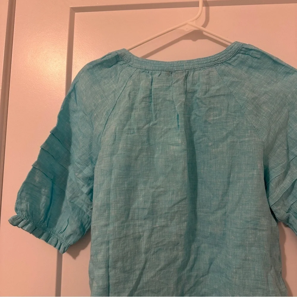 Talbots Aqua Blue Linen Peasant Tunic With Pleated Sleeves Size SP Women’s NWT - Picture 12 of 14